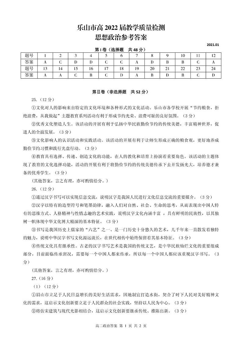 2020-2021学年四川省乐山市高二上学期期末考试政治试题 PDF版01