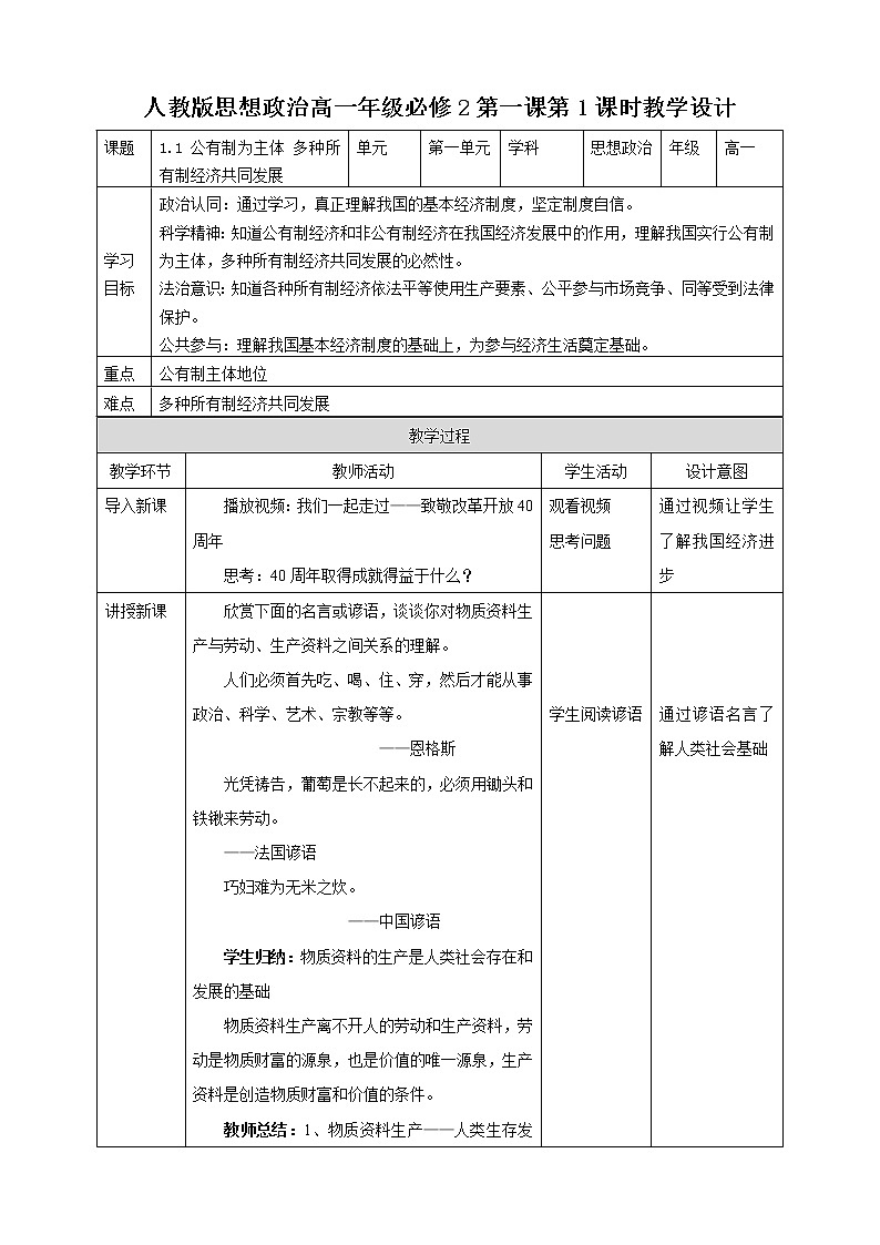 人教统编版高中政治必修第二册1.1《公有制为主体 多种所有制经济共同发展》教学设计01