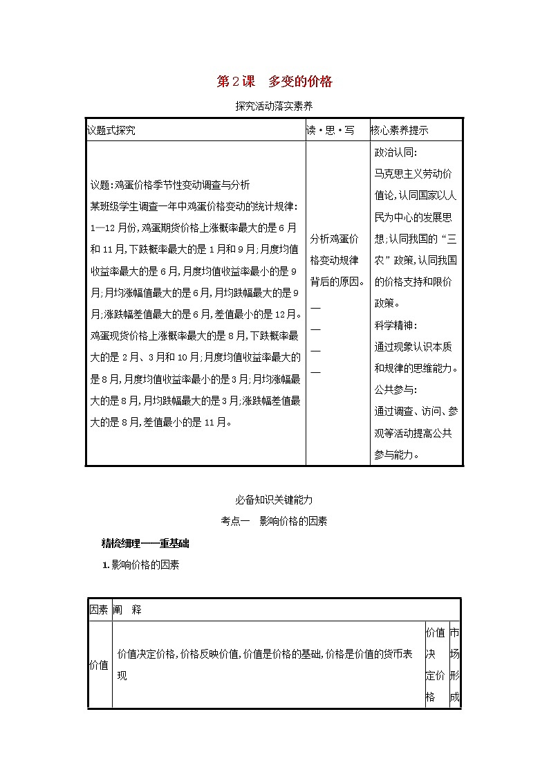 2022高考政治一轮复习第2课多变的价格学案新人教版第1页
