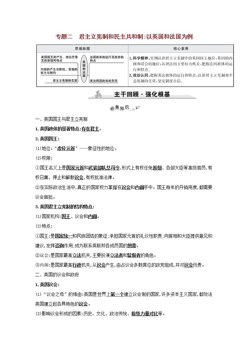 2022高考政治一轮复习专题二君主立宪制和民主共和制：以英国和法国为例学案新人教版选修3第1页