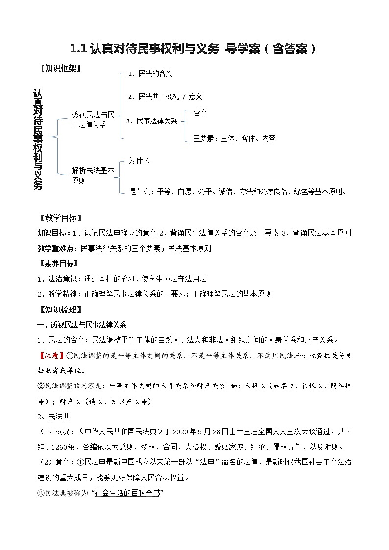 高二统编版政治必修二《法律与生活》1.1认真对待民事权利与义务导学案第1页