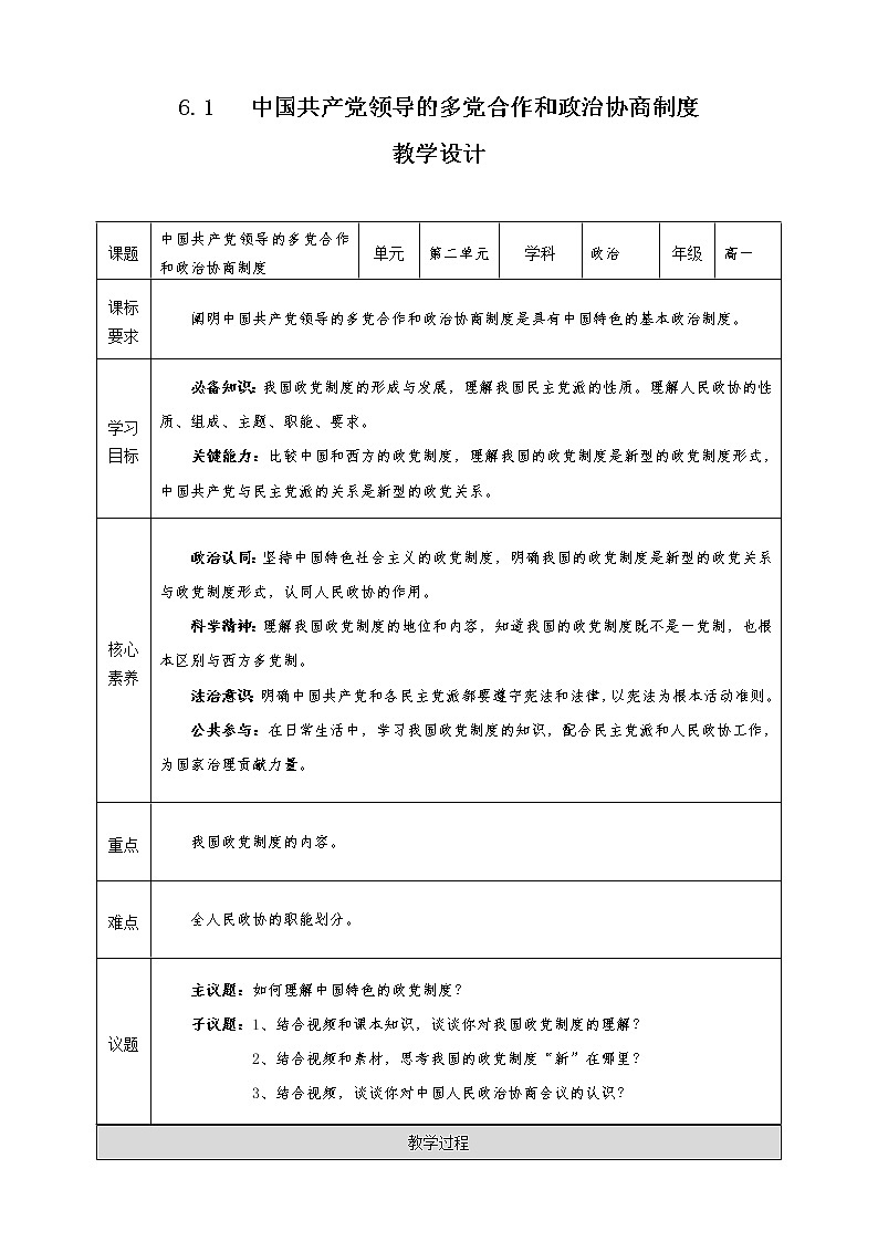 6.1 中国共产党领导的多党合作和政治协商制度（课件+素材+教学设计）2021-2022学年高中政治人教统编版必修3政治与法治01