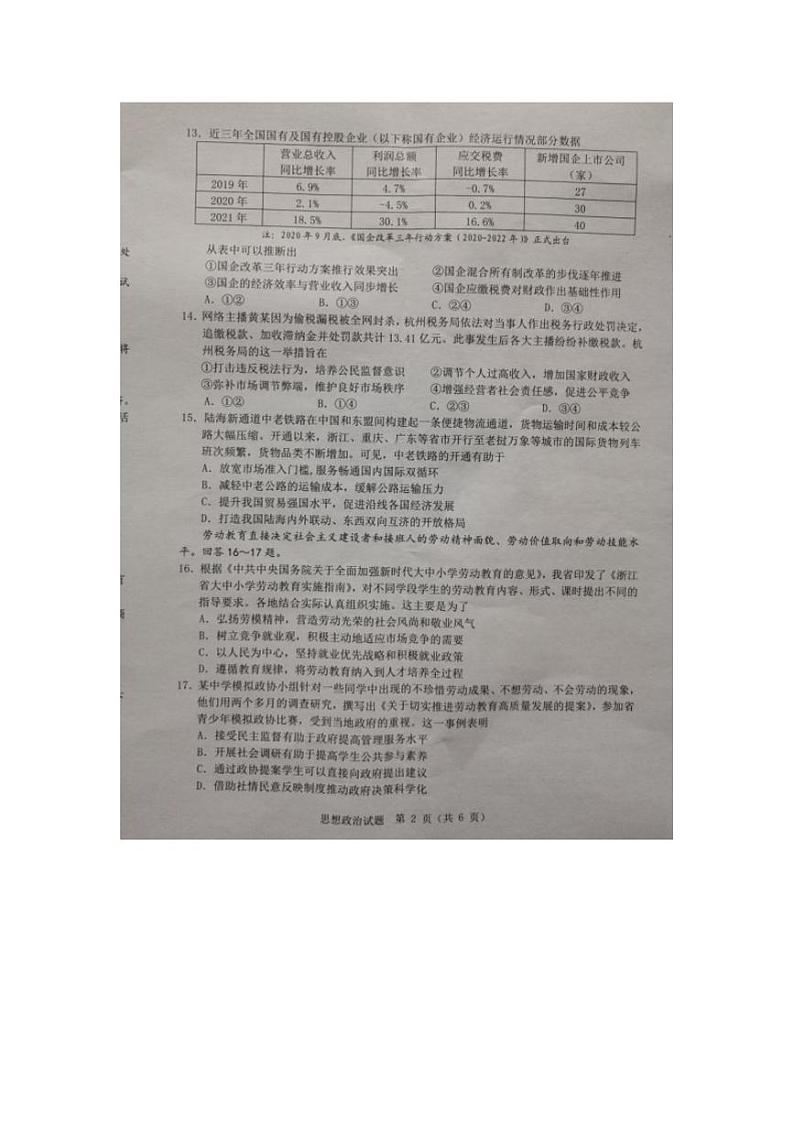 浙江省温州市2022届高三下学期3月高考适应性测试（二模）政治试题无答案02