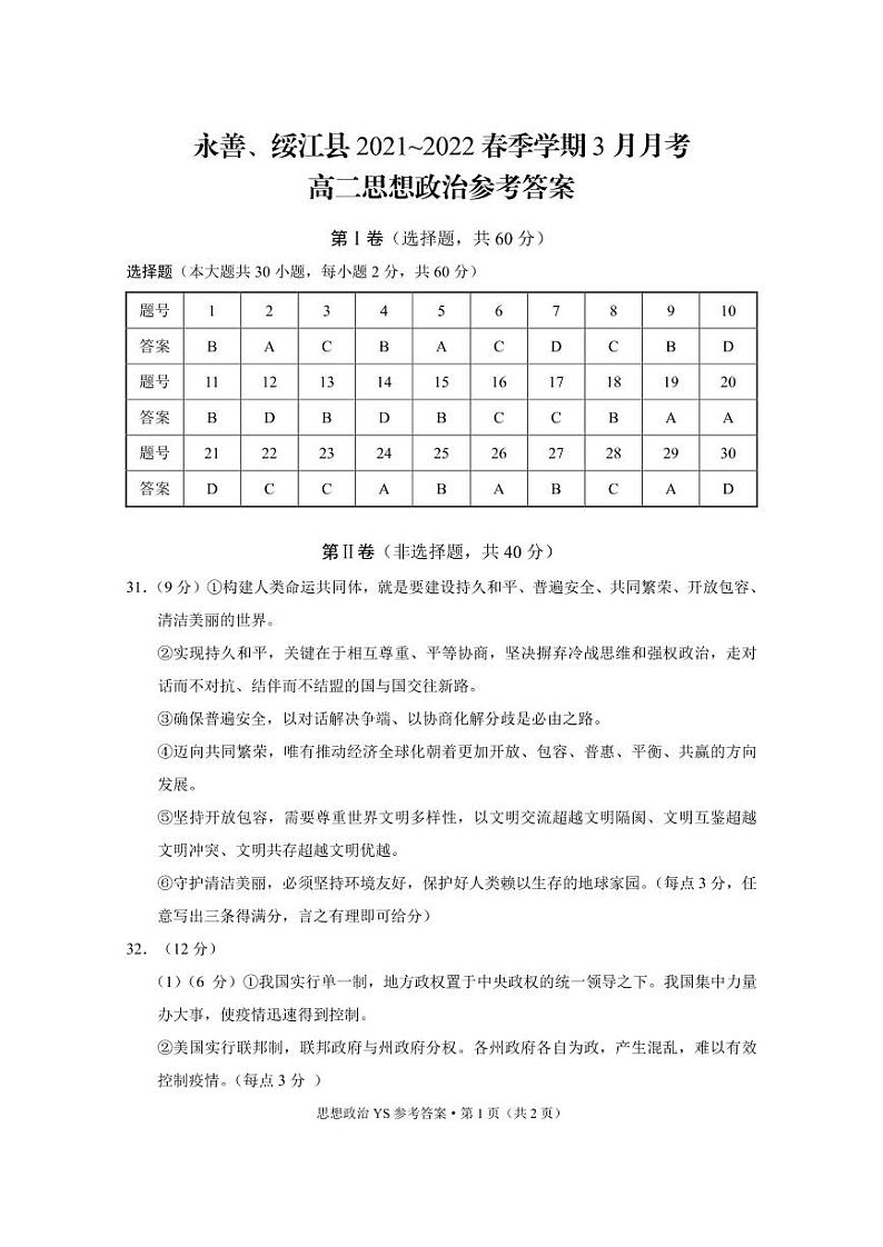 永善、绥江县2021～2022春季学期3月月考高二思想政治-答案第1页
