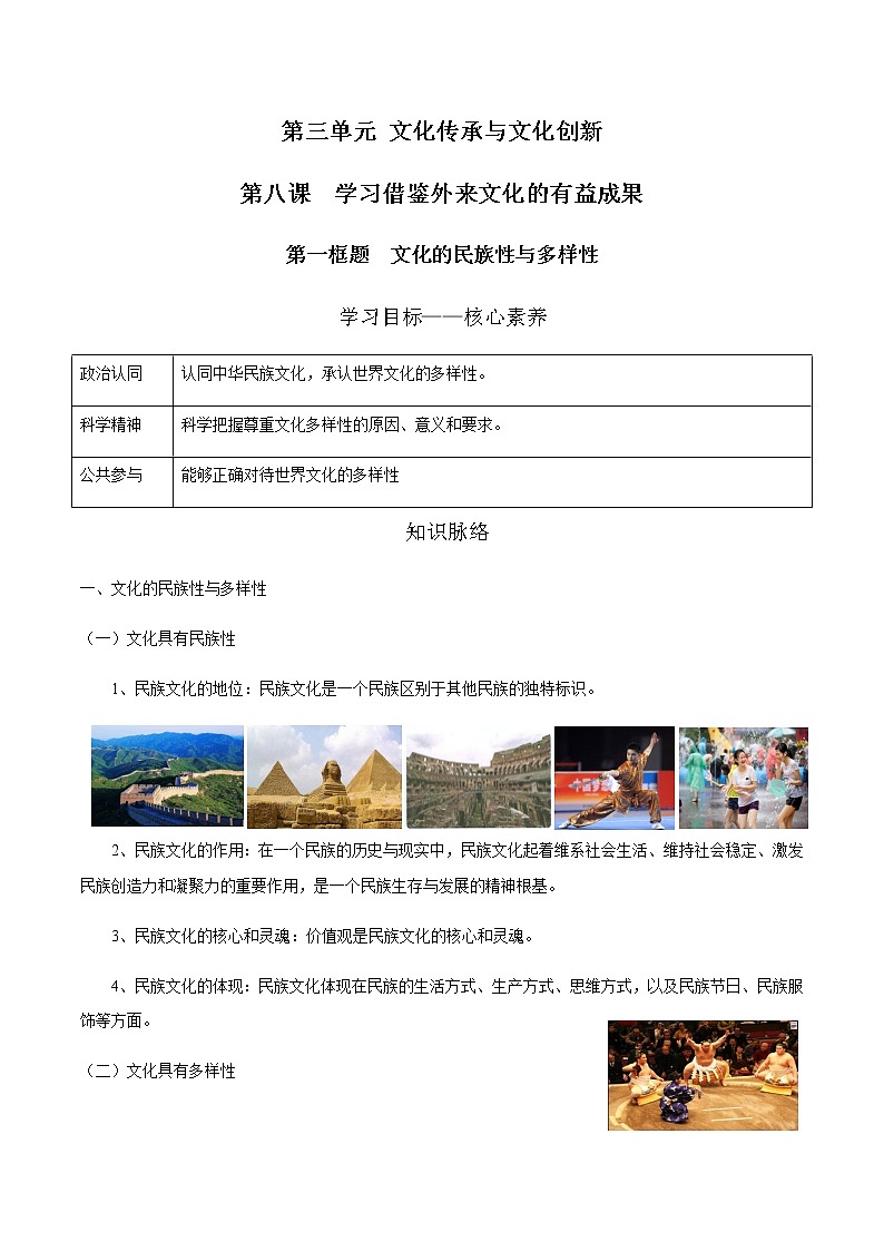8.1 文化的民族性与多样性  学案 高中政治人教部编版必修4 （2022年）01