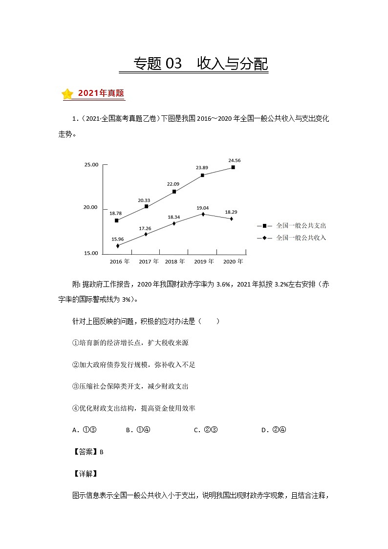 三年高考（2019-2021）政治试题分项汇编专题03收入与分配含答案第1页