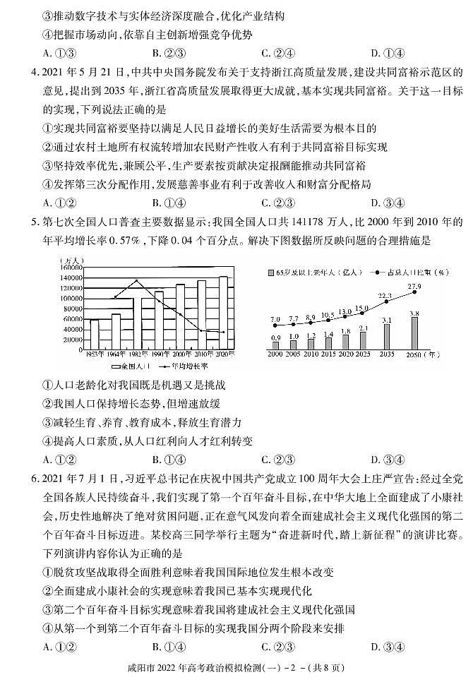 陕西省咸阳市2022年高考模拟检测（一）政治试卷（PDF版）02