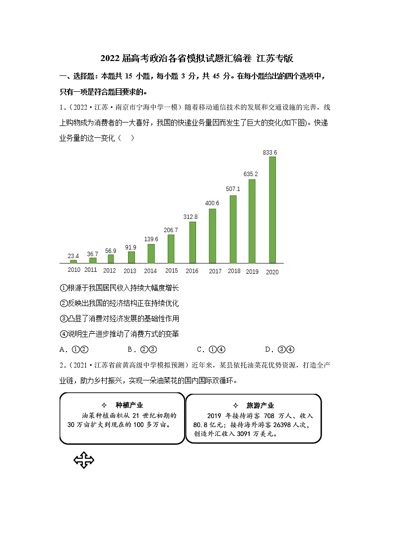 2022届高考政治模拟试题 江苏专版（含答案）第1页
