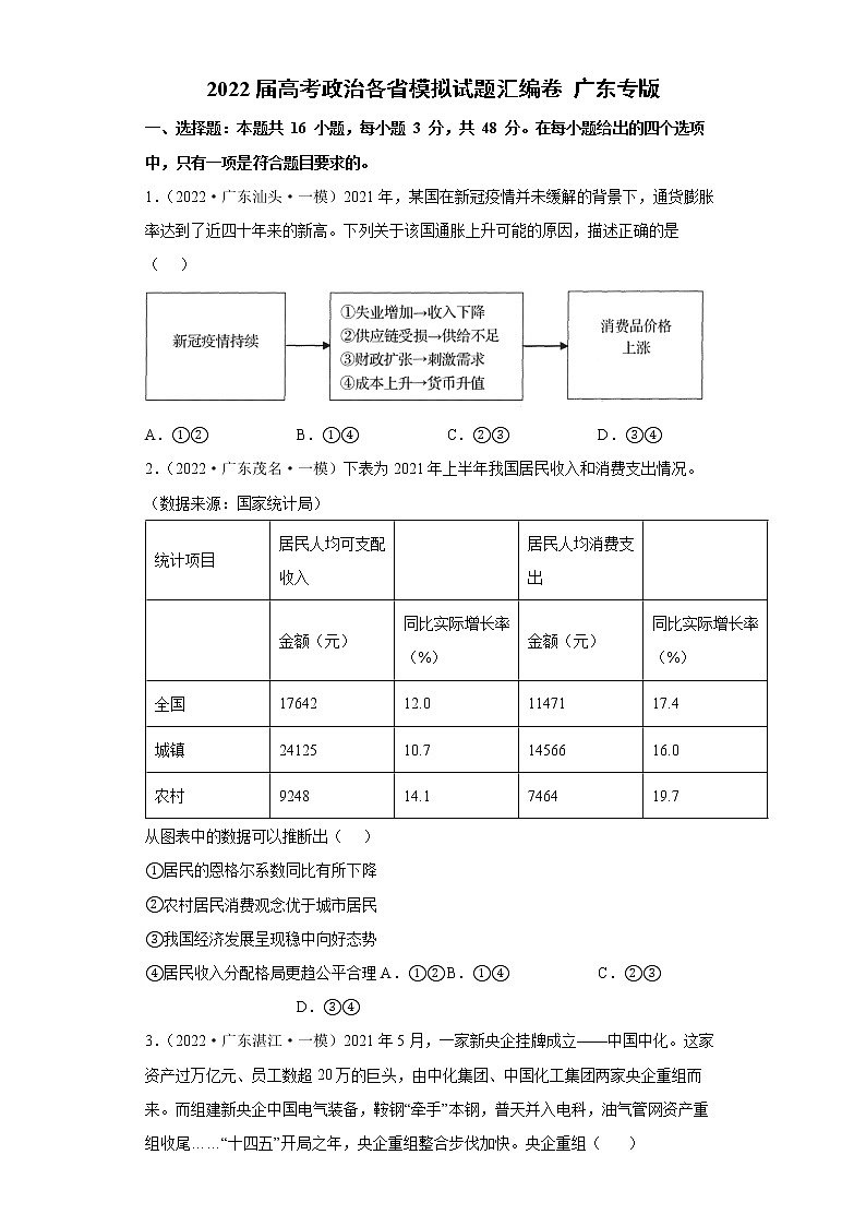 2022届高考政治模拟试题 广东专版（含答案）第1页