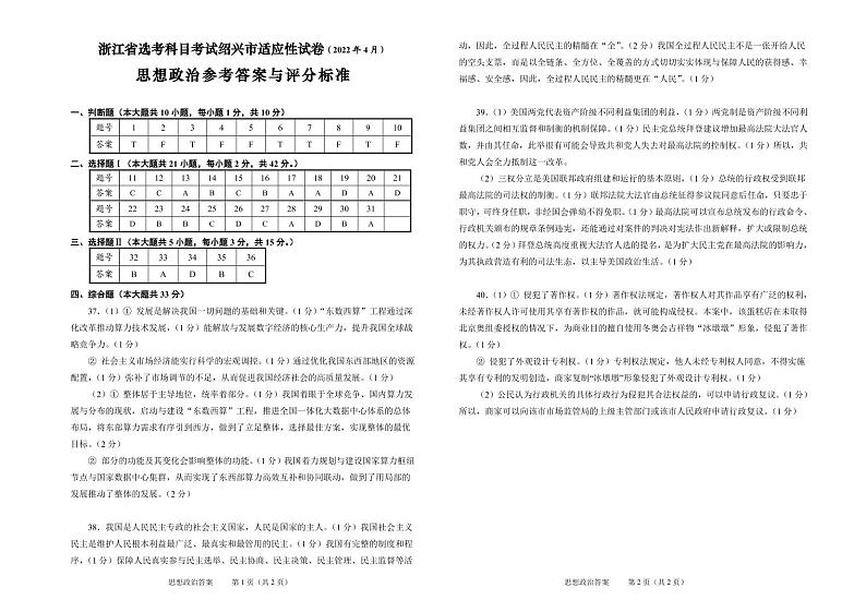 绍兴市2022年高三思想政治参考答案第1页