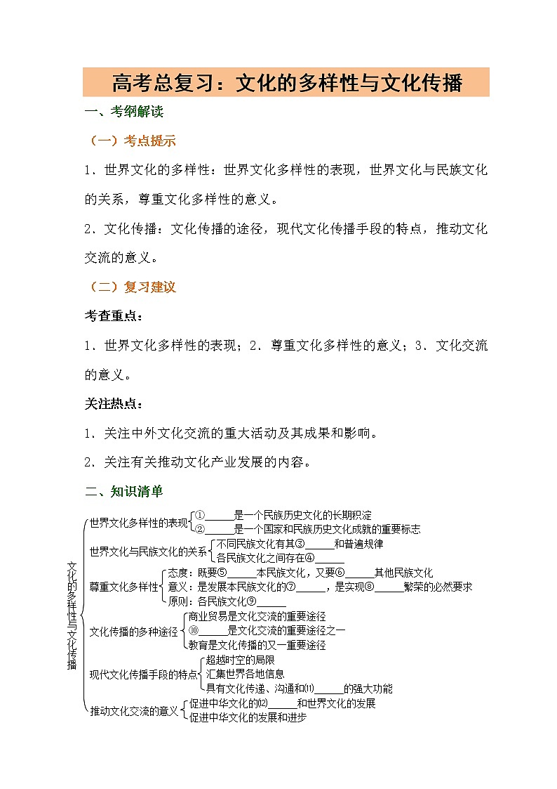 第三课文化的多样性与文化传播复习学案-2022届高考政治一轮复习人教版必修三文化生活第1页