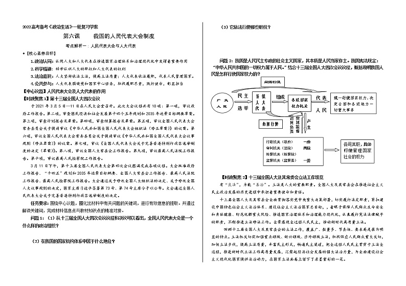 人民代表大会和人大代表复习学案-2022届高考政治一轮复习人教版必修二政治生活第1页