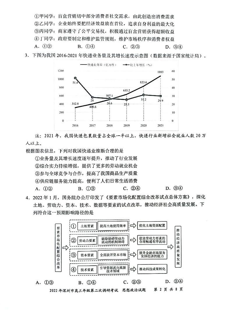 2022届广东省深圳市高三第二次调研考试（二模）政治试题含答案第2页