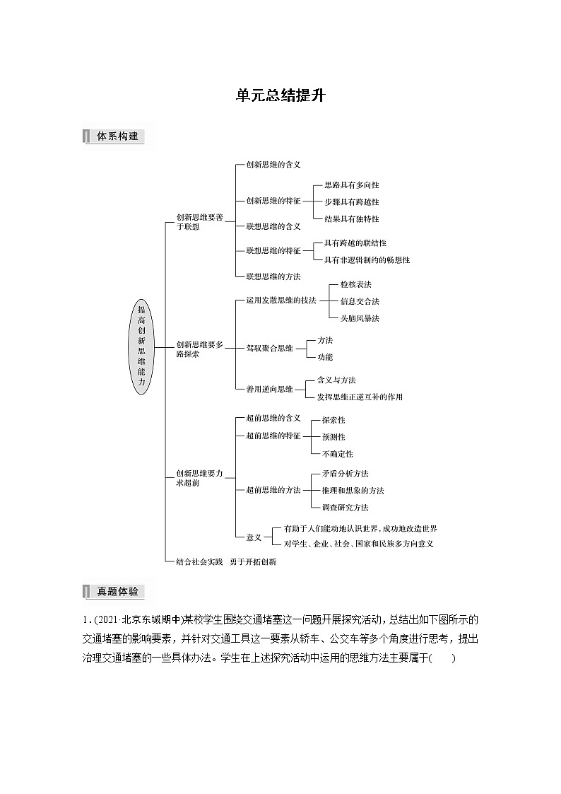 2022版】高中政治新教材 选修3  第4单元 提高创新思维能力  单元总结提升练习题第1页