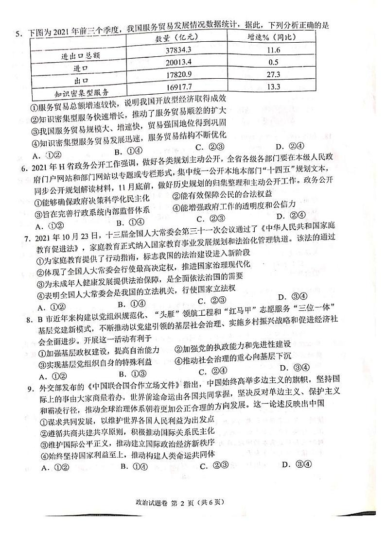 2022届湖南省高三（衡阳市二模）政治试题及答案02
