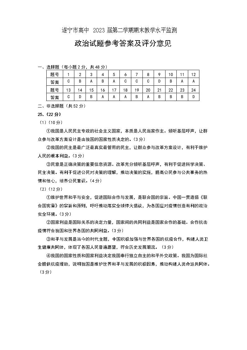 遂宁市2021年上期期末质量监测高一政治试题（答案）第1页