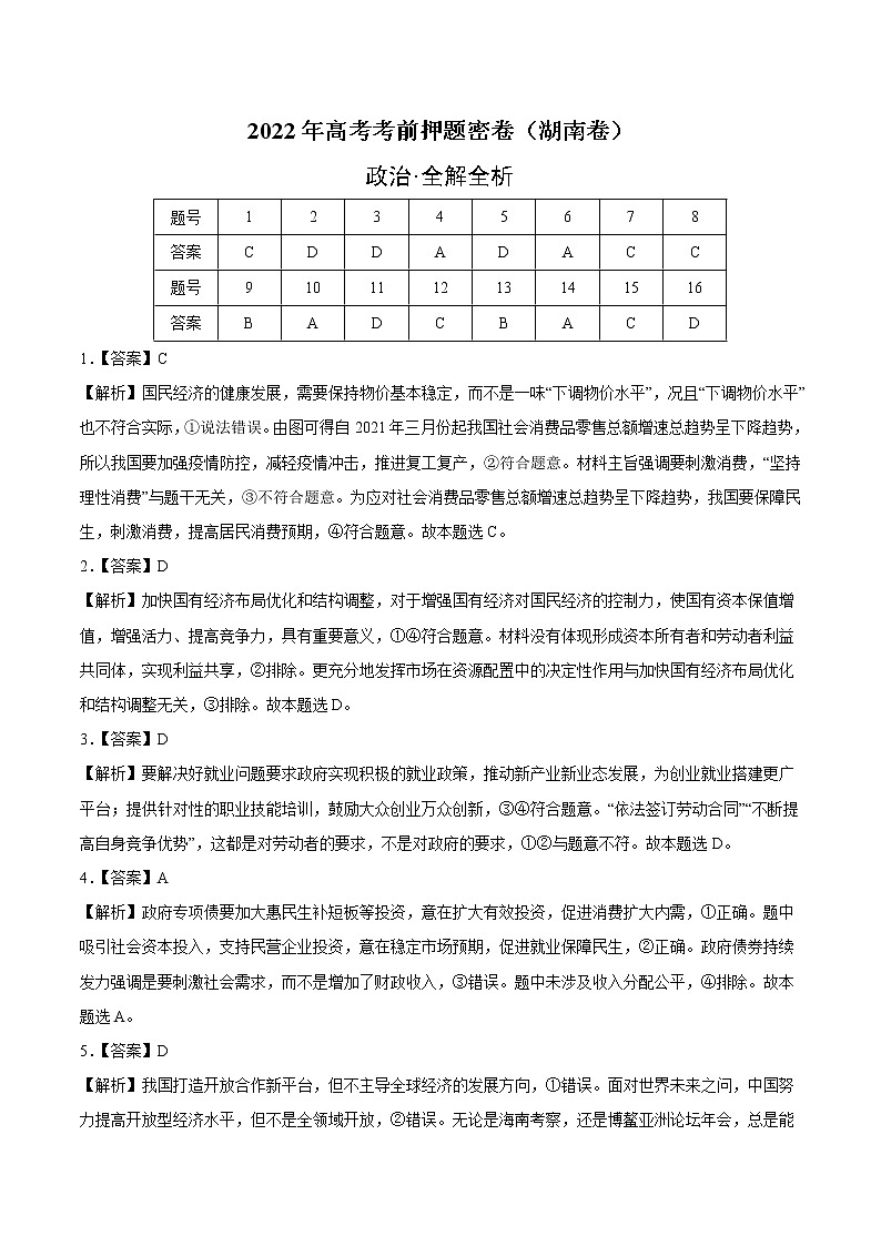 政治-2022年高考考前押题密卷（湖南卷）（全解全析）第1页