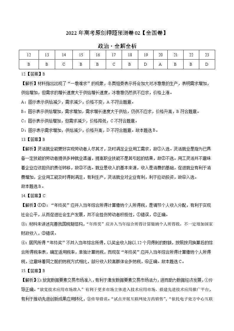 2022年高考政治押题预测卷02（全国卷）（全解全析）第1页