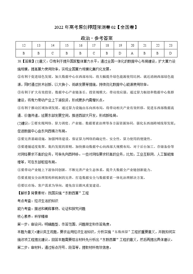2022年高考政治押题预测卷02（全国卷）（参考答案）第1页