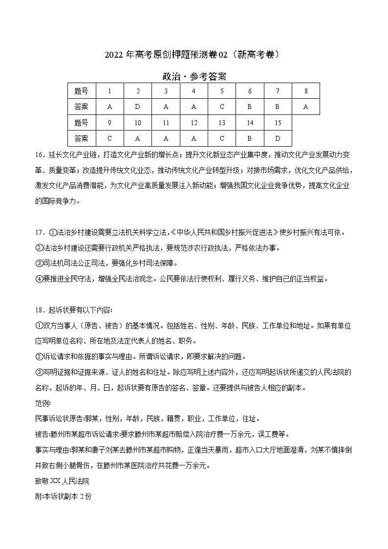 2022年高考政治押题预测卷+答案解析02（新高考卷）（统编版）01