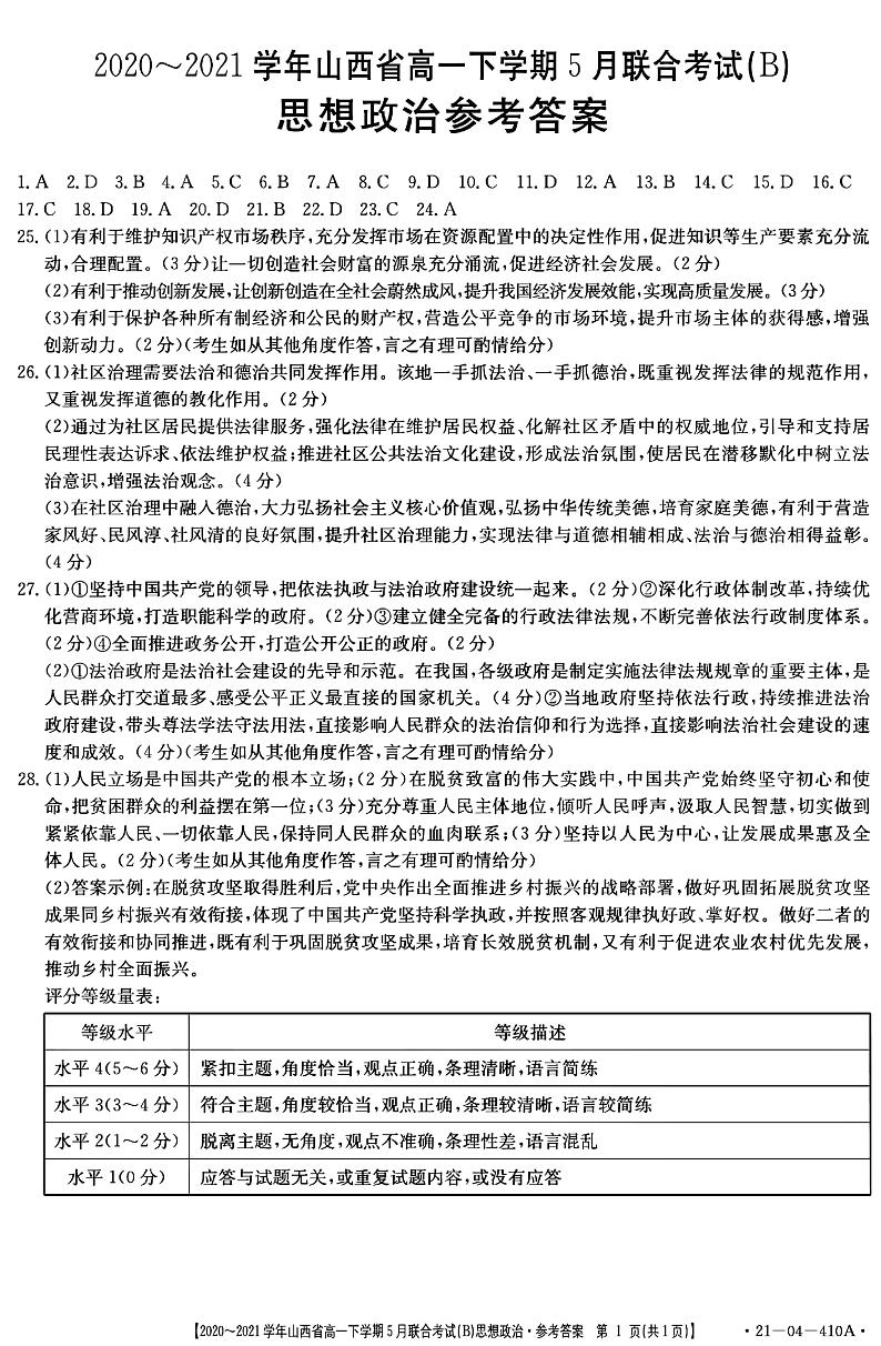 2021山西省高一下学期5月联合考试政治试卷PDF版含答案01