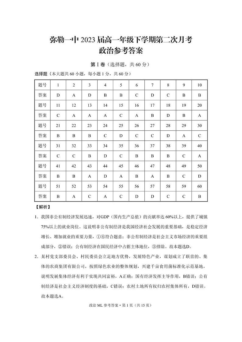 2021红河州弥勒一中高一下学期第二次月考政治试题PDF版含答案01