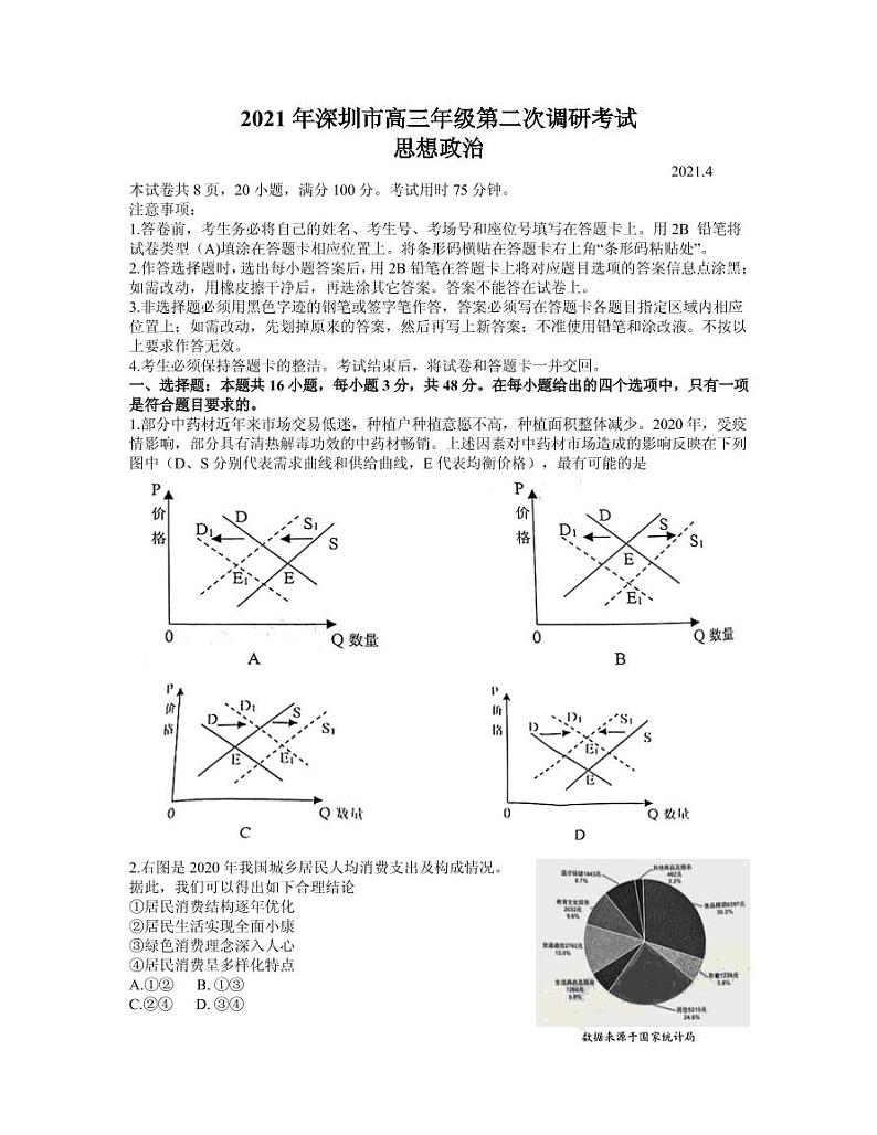 2021届广东省深圳市高三下学期4月第二次调研考试（二模）政治试题 PDF版01