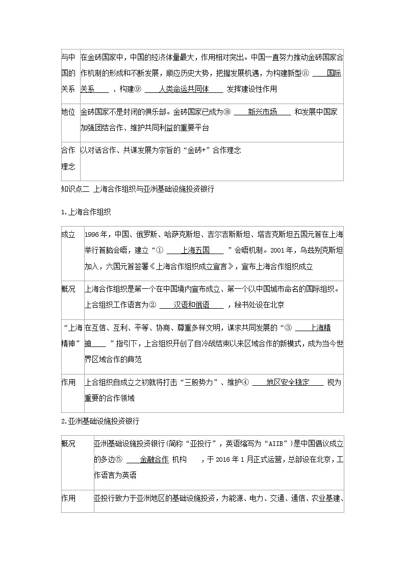 新人教版高中政治选择性必修第一册第四单元国际组织第九课第2课时中国与新兴国际组织学案02
