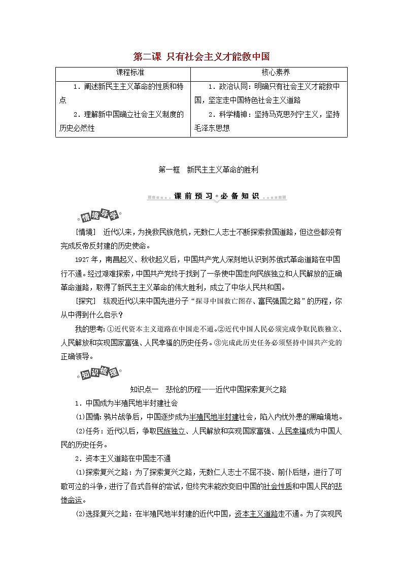 新人教版高中政治必修1第二课只有社会主义才能救中国第一框新民主主义革命的胜利学案01