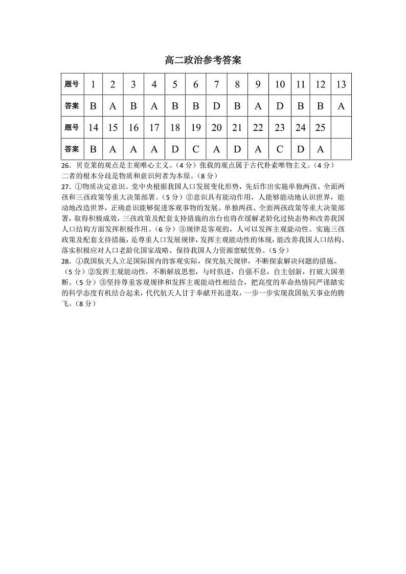 安徽省亳州市涡阳县第九中学2021-2022学年高二9月月考政治参考答案第1页