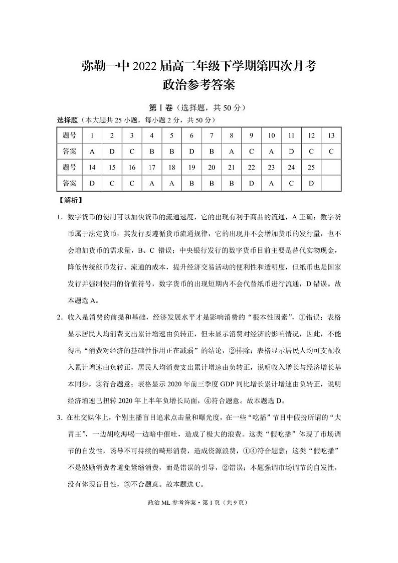 弥勒一中2022届高二年级下学期第四次月考政治-答案第1页