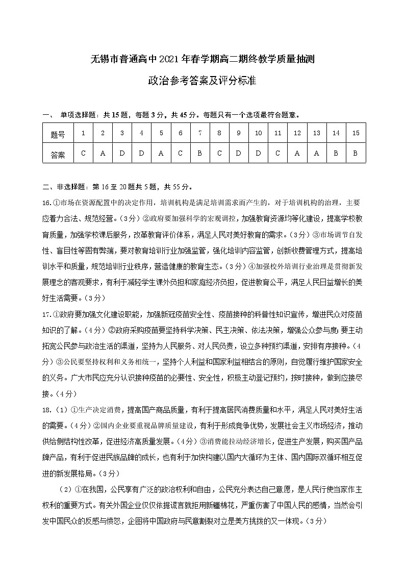2021无锡高二下学期期终教学质量抽测政治（选修）试题含答案01