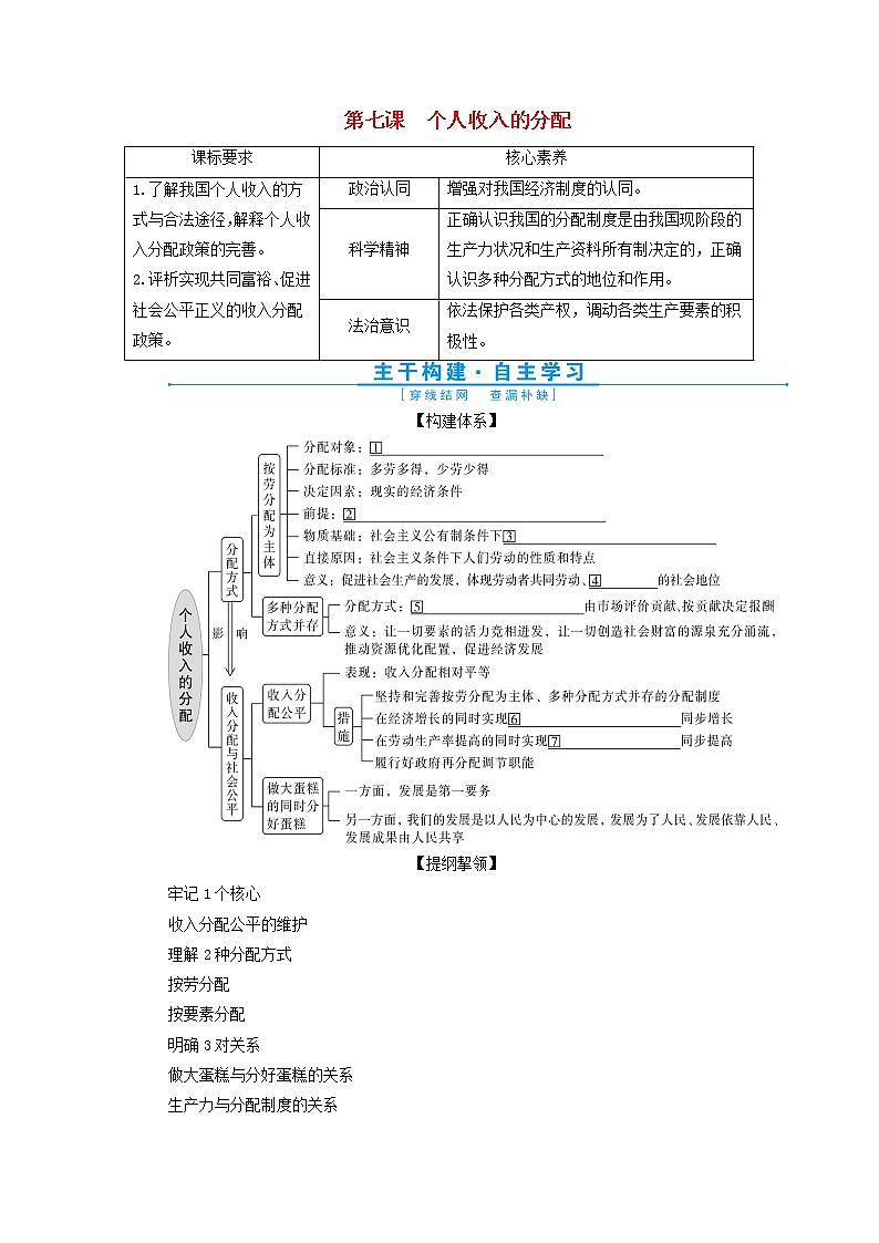 高考政治一轮复习第三单元收入与分配第七课个人收入的分配学案必修1第1页