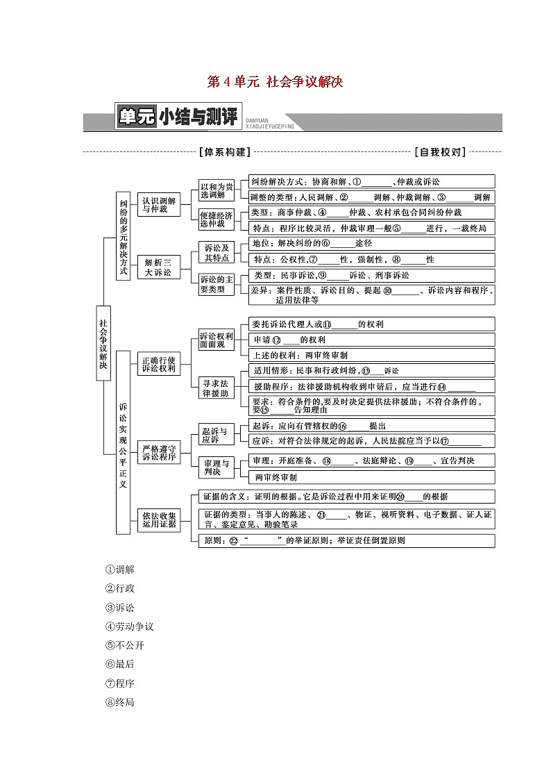部编版高中政治选择性必修2第4单元社会争议解决单元小结与测评学案第1页