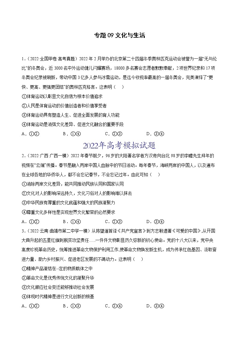 专题09文化与生活（原卷版）第1页