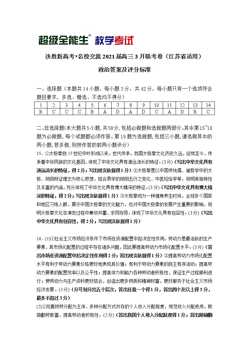 政治评分标准-江苏版-“决胜新高考·名校交流“2021届高三3月联考卷第1页