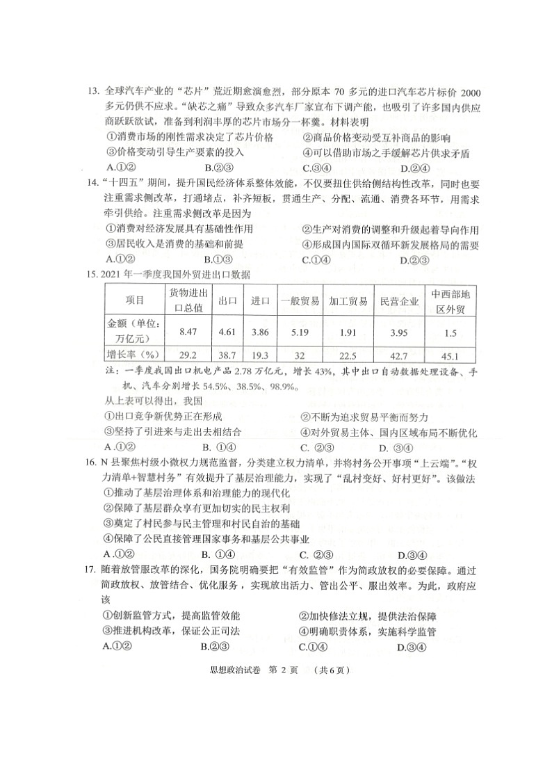 2021绍兴嵊州高三下学期5月选考科目适应性考试政治试题扫描版含答案第2页