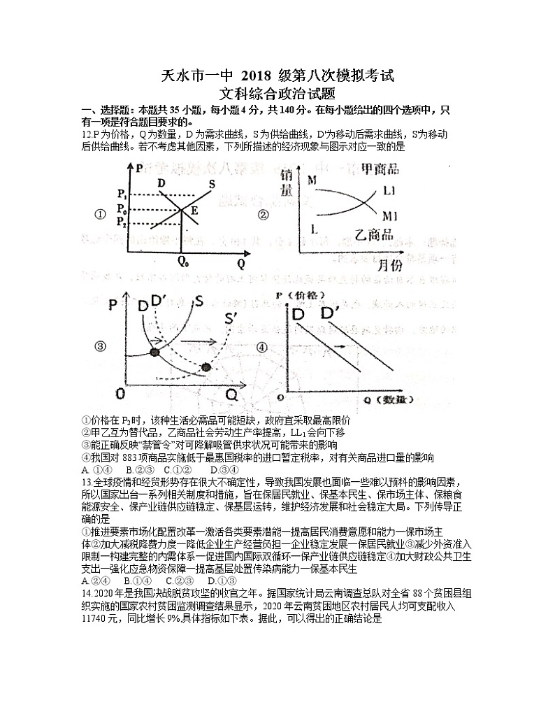2021天水一中高三下学期4月第八次模拟文科综合政治试题含答案第1页