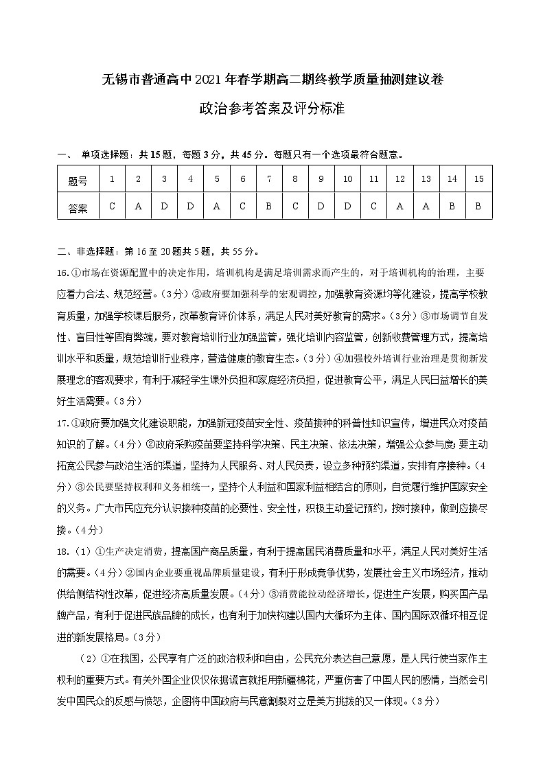 2021无锡高二下学期期终教学质量抽测政治（选修）试题PDF版含答案01