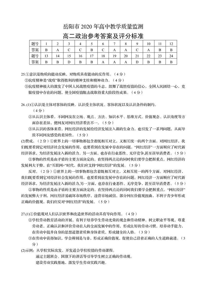 2020岳阳高二下学期期末考试政治试题扫描版含答案01