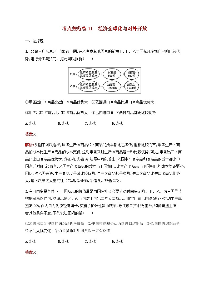 高考政治一轮复习考点规范练11经济全球化与对外开放含解析新人教版第1页