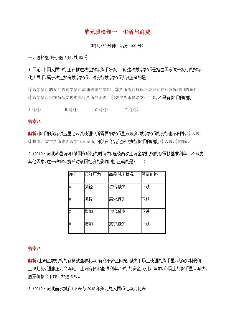 高考政治一轮复习单元质检卷1生活与消费含解析新人教版01