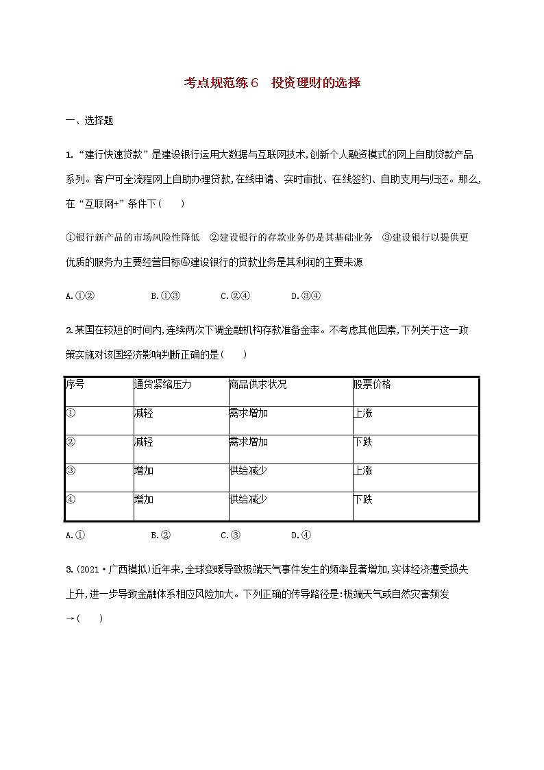 高考思想政治一轮复习考点规范练6投资理财的选择含解析新人教版第1页