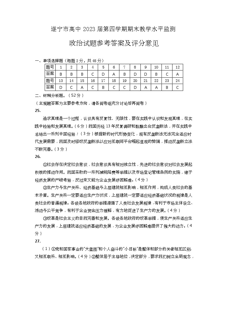 2022遂宁高二下期期末考试政治含答案01