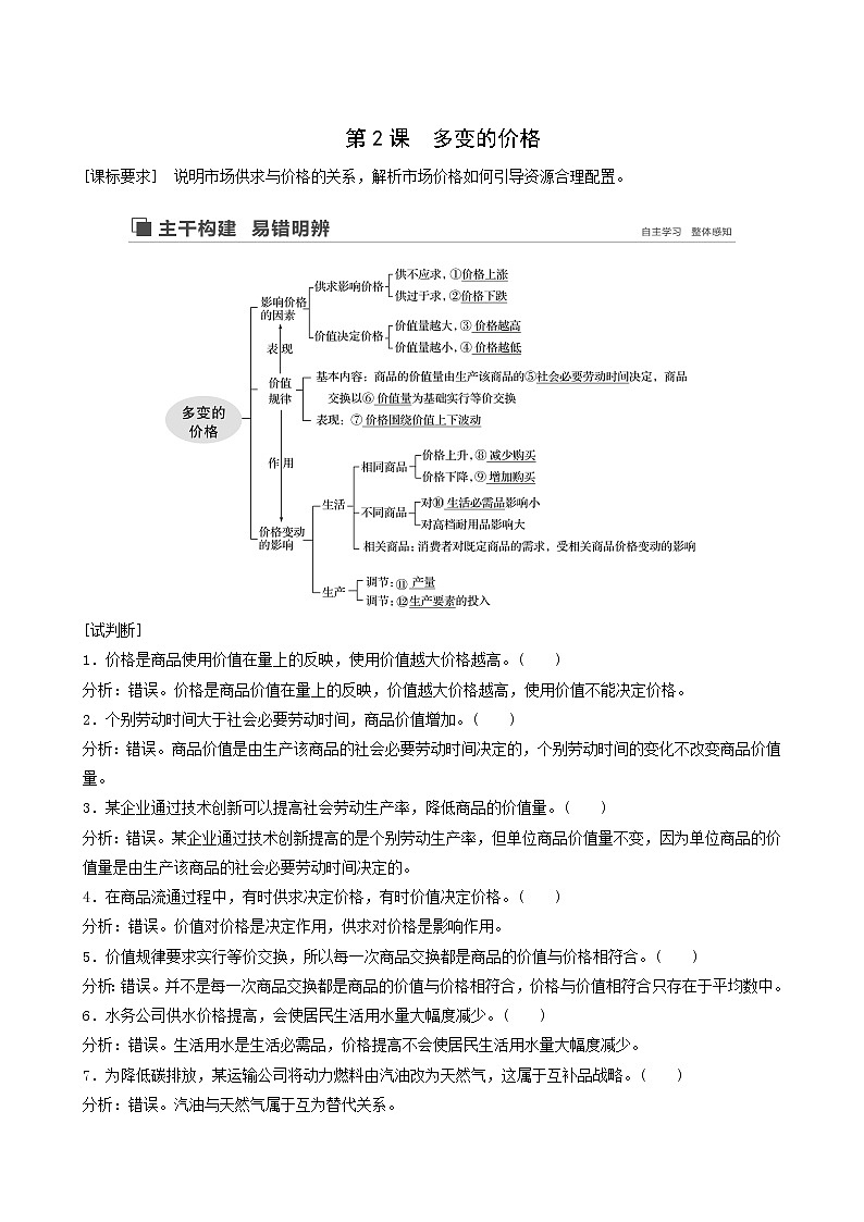 新高考政治（鲁京津琼）大一轮复习必修1第1单元第2课多变的价格学案01