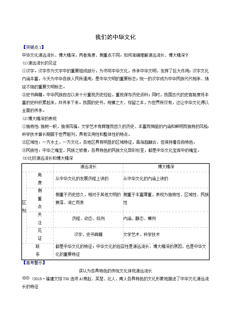 高考政治一轮复习第3单元中华文化与民族精神6我们的中华文化讲练含解析01