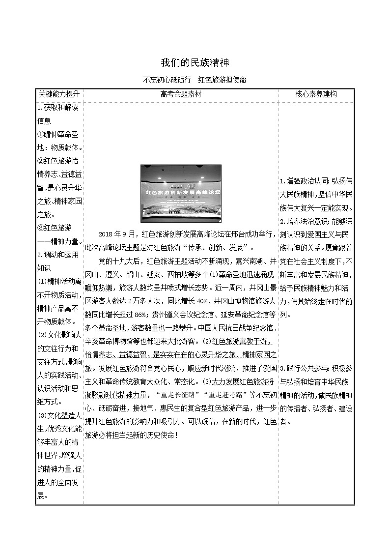 高考政治一轮复习第3单元中华文化与民族精神7我们的民族精神时政热点练含解析01