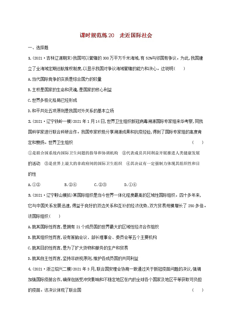 2023年高考政治一轮复习课时规范练20走近国际社会含解析新人教版01