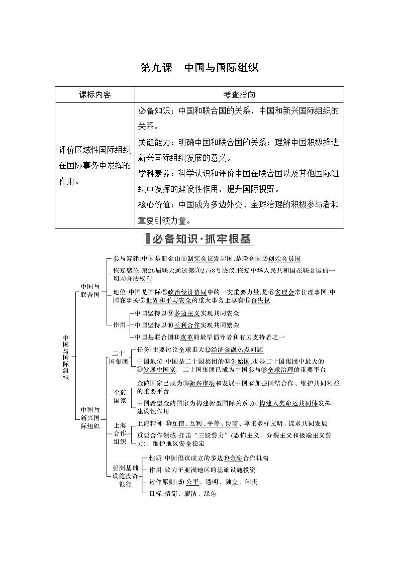 2023版高考政治（新教材）总复习一轮讲义第九课　中国与国际组织第1页
