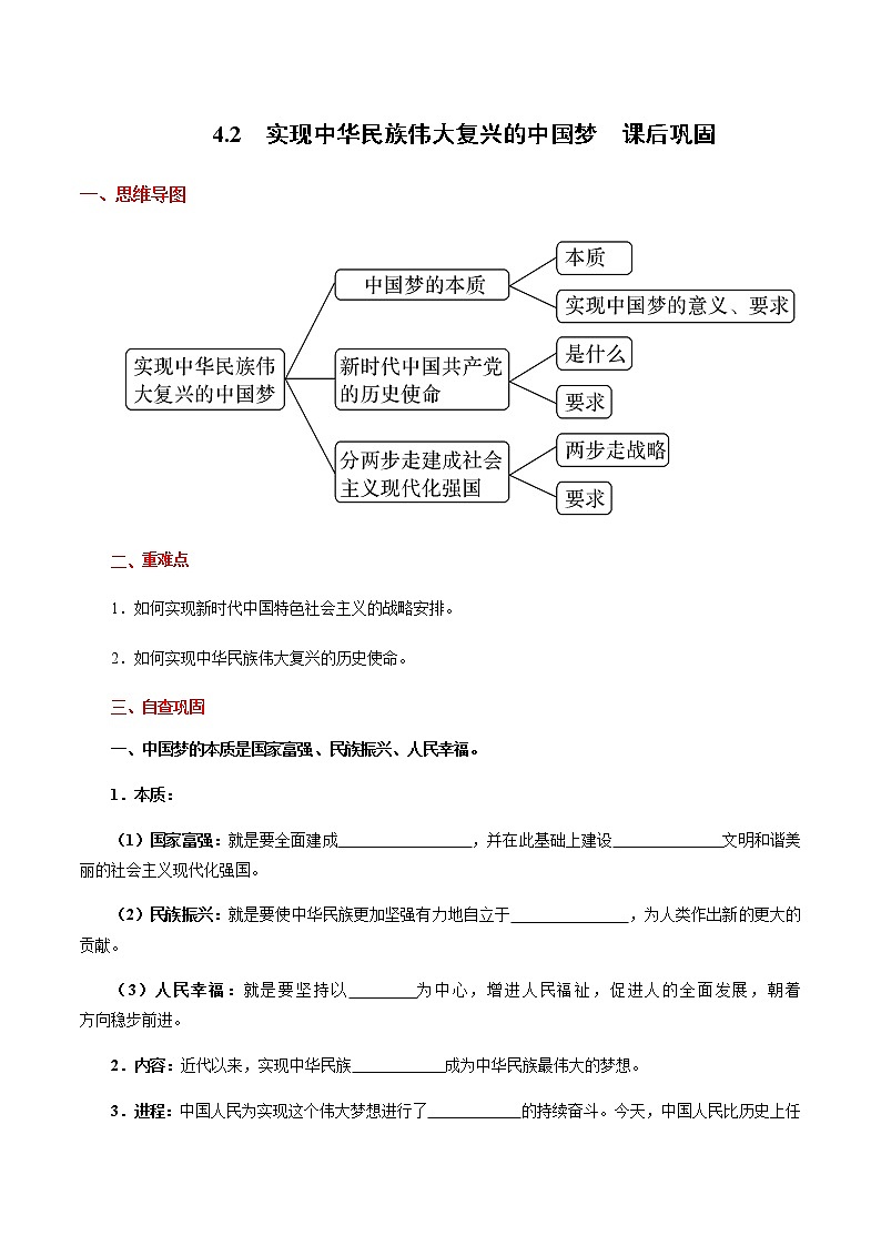 高中政治必修一 4.2  实现中华民族伟大复兴的中国梦课后巩固（思维导图＋填空）01